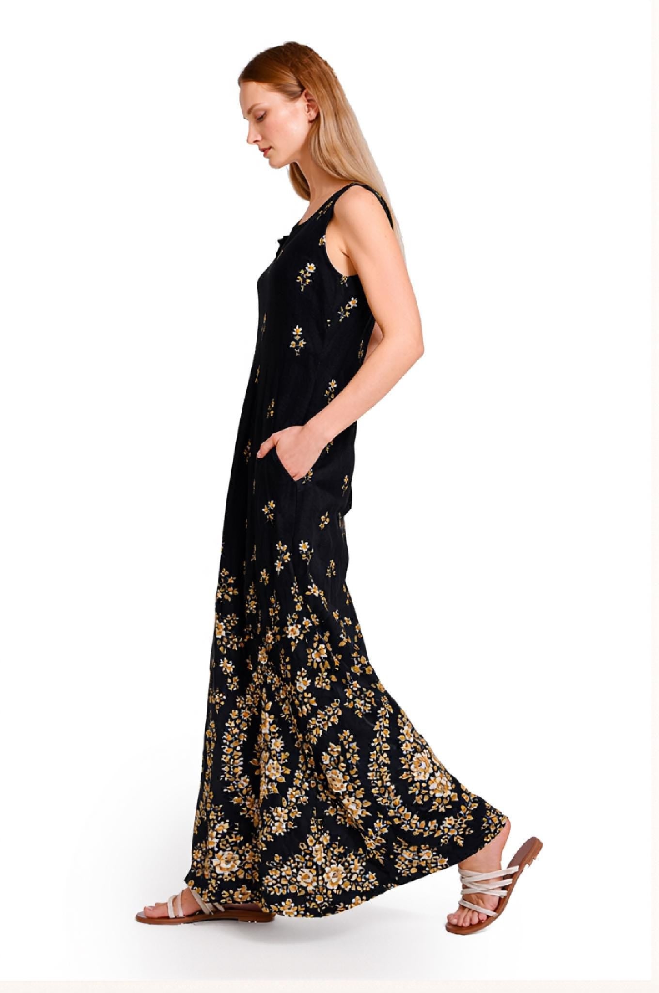 Black Floral Maxi Dress, Sleeveless A-Line Dress, Vintage Border Print Dress, Pocket Resort Summer Dress