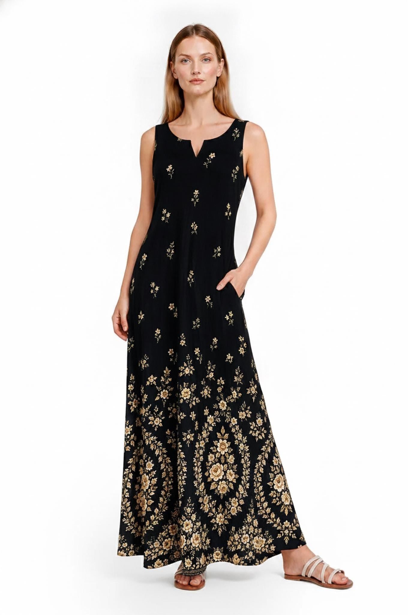 Black Floral Maxi Dress, Sleeveless A-Line Dress, Vintage Border Print Dress, Pocket Resort Summer Dress