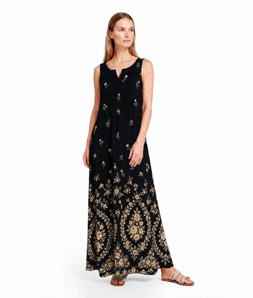 Black Floral Maxi Dress, Sleeveless A-Line Dress, Vintage Border Print Dress, Pocket Resort Summer Dress