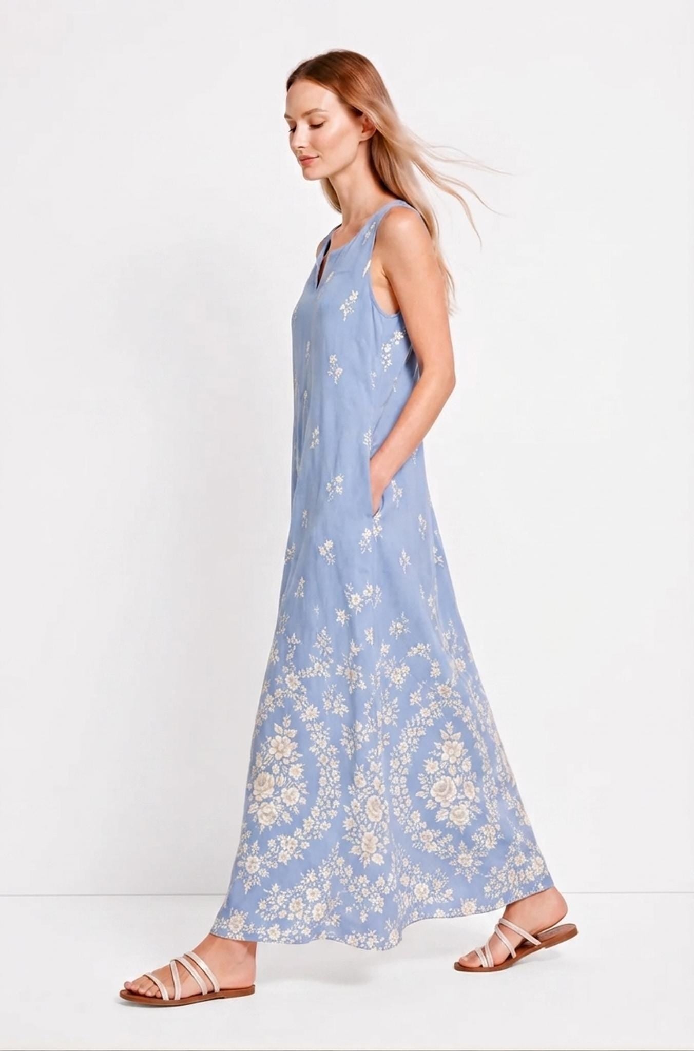 Light Blue Floral Maxi Dress, Sleeveless A-Line, Ivory Border Print, Resort Summer Wear