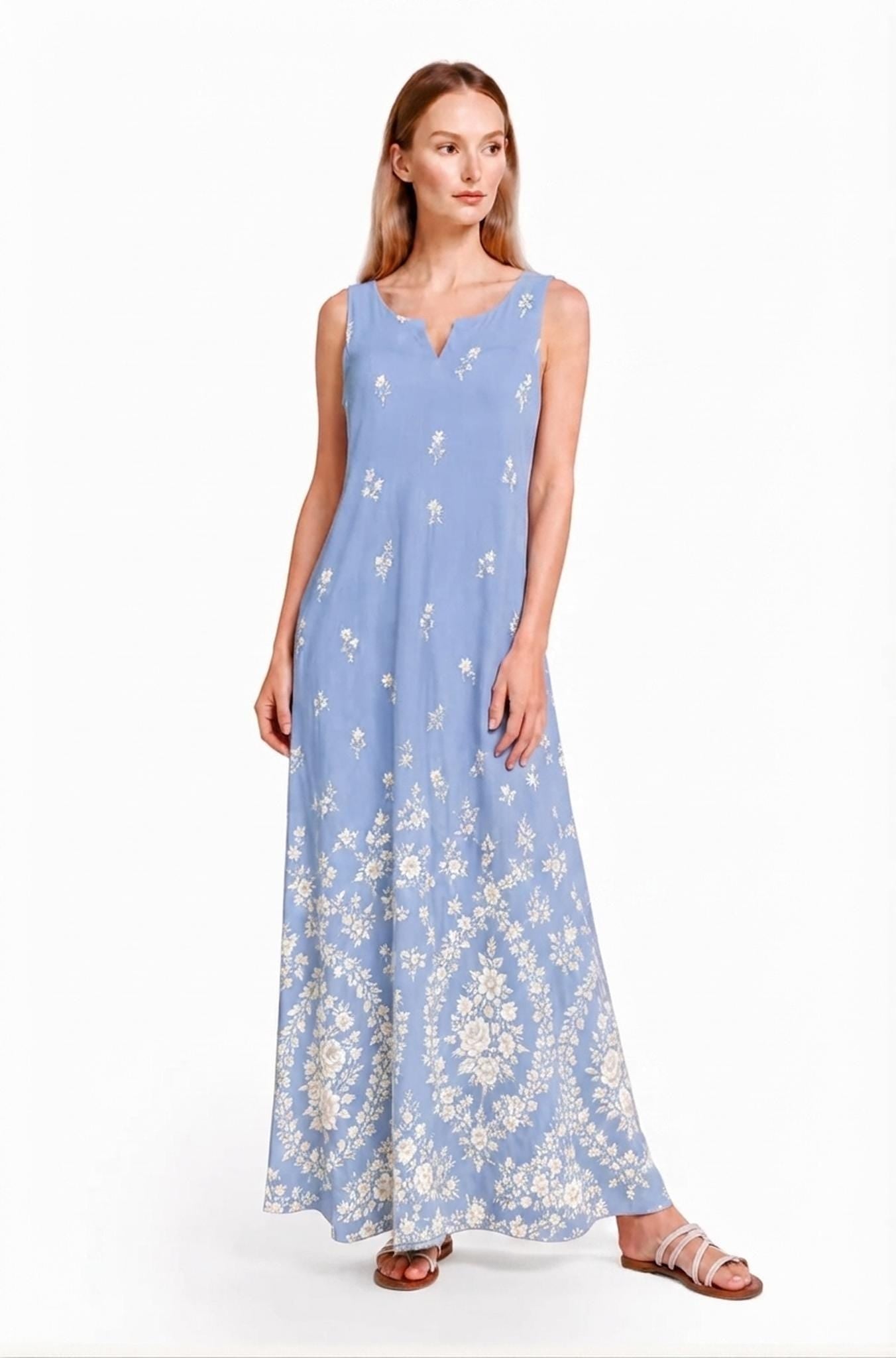 Light Blue Floral Maxi Dress, Sleeveless A-Line, Ivory Border Print, Resort Summer Wear