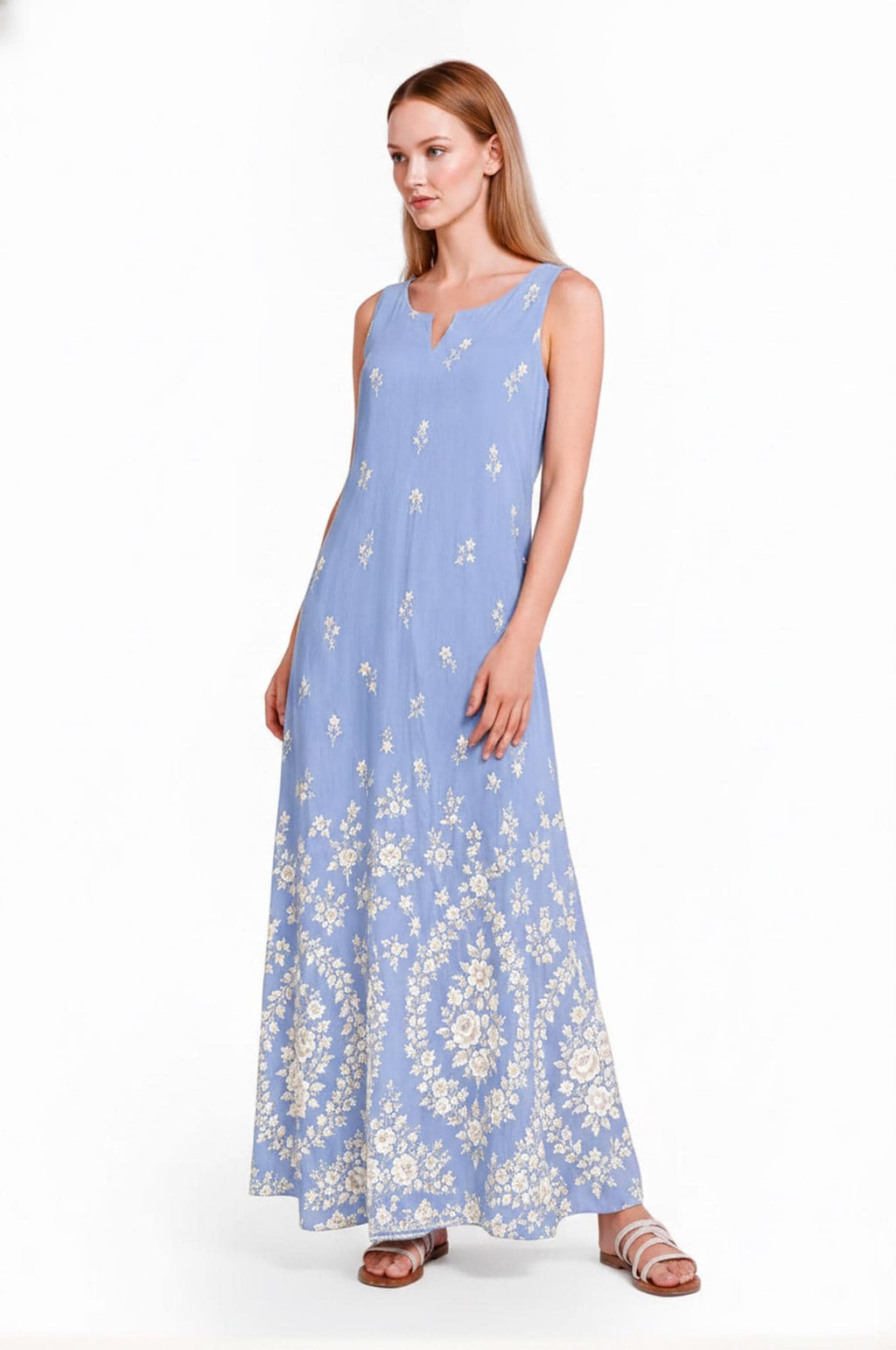 Light Blue Floral Maxi Dress, Sleeveless A-Line, Ivory Border Print, Resort Summer Wear