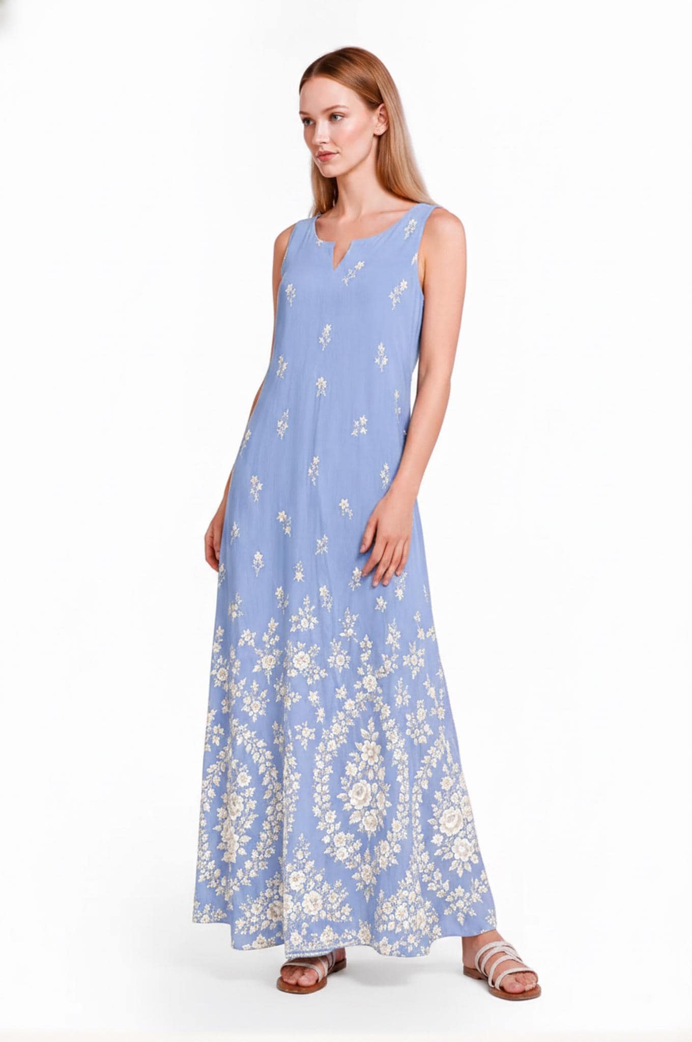 Light Blue Floral Maxi Dress, Sleeveless A-Line, Ivory Border Print, Resort Summer Wear