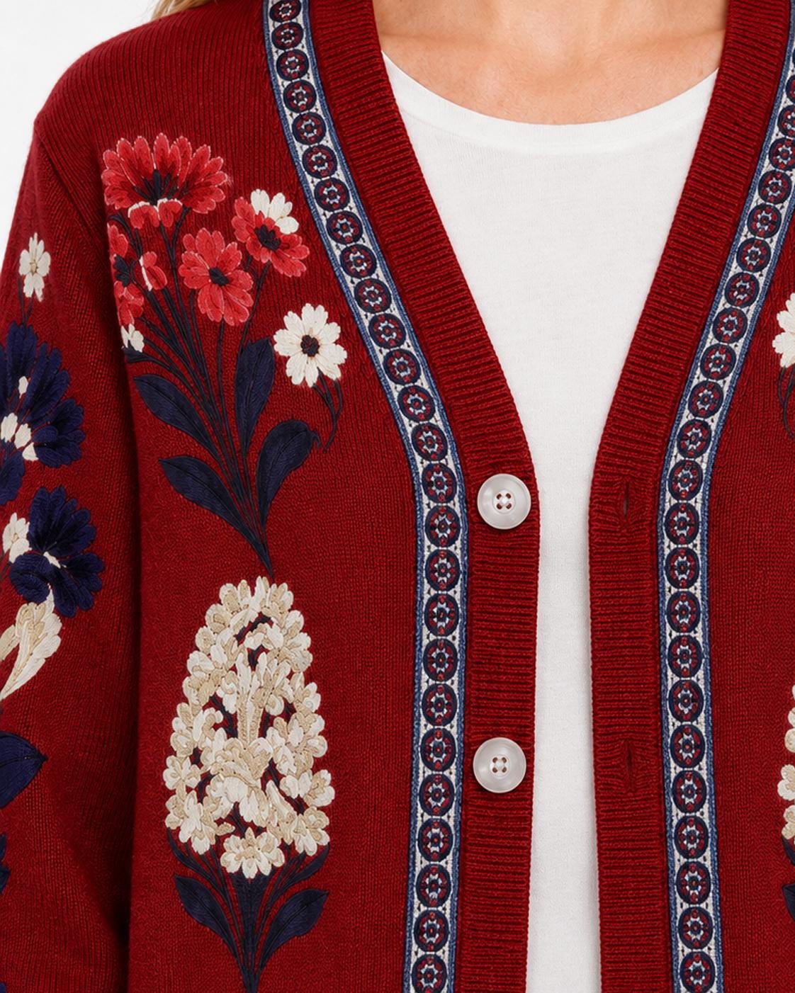 Red Floral Cardigan with Patterned Trim, V-Neck and Button Front
