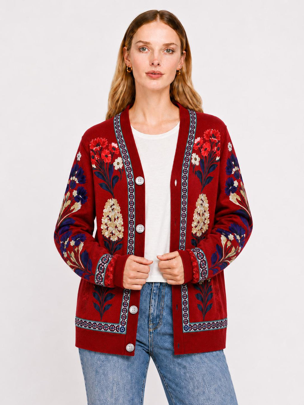 Red Floral Cardigan with Patterned Trim, V-Neck and Button Front