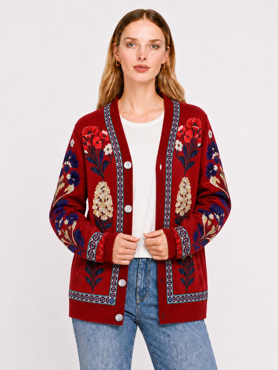 Red Floral Cardigan with Patterned Trim, V-Neck and Button Front