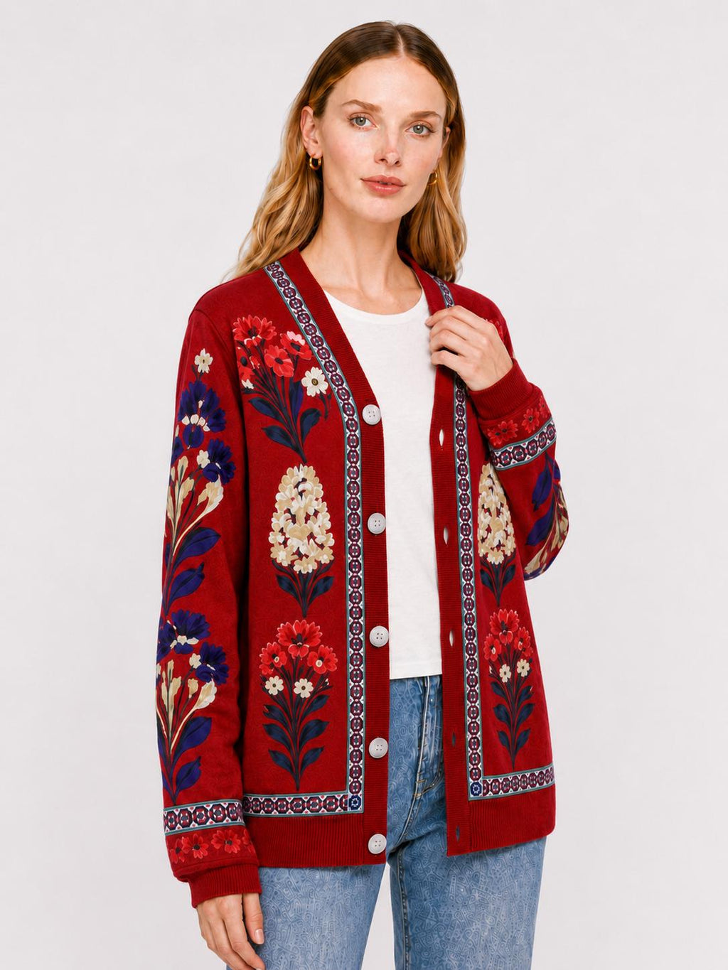 Red Floral Cardigan with Patterned Trim, V-Neck and Button Front