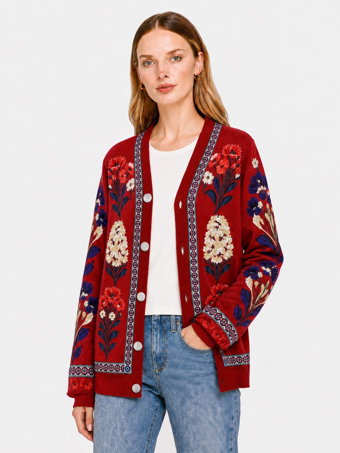 Red Floral Cardigan with Patterned Trim, V-Neck and Button Front