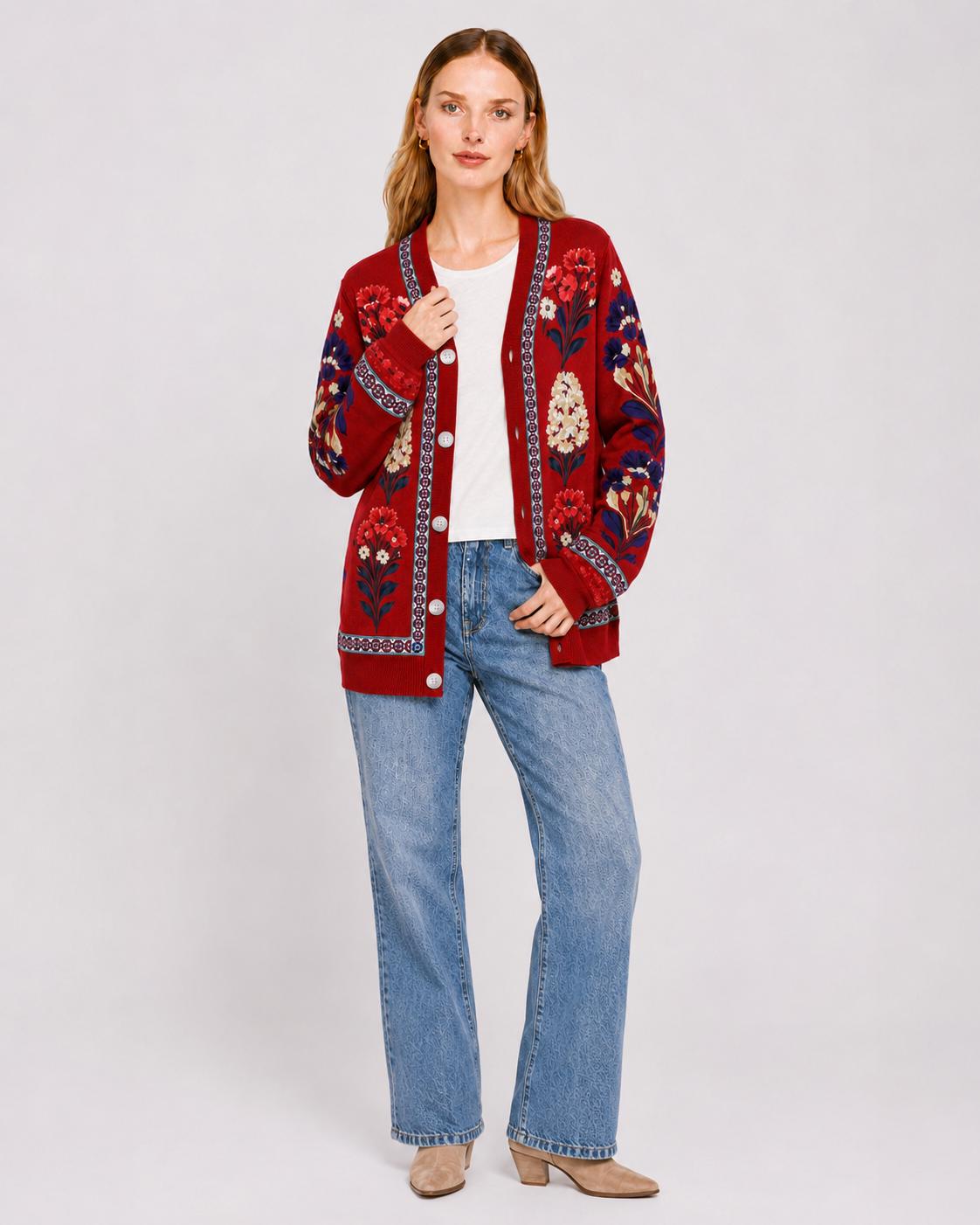 Red Floral Cardigan with Patterned Trim, V-Neck and Button Front