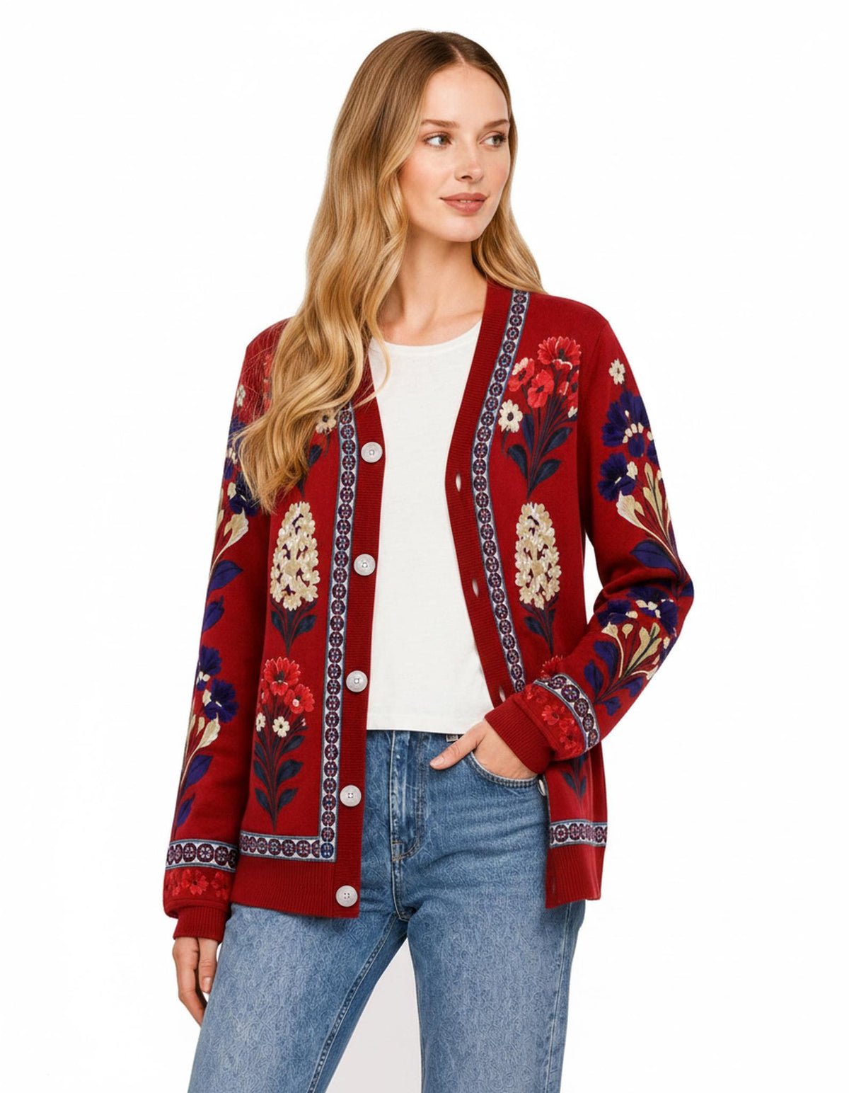 Red Floral Cardigan with Patterned Trim, V-Neck and Button Front