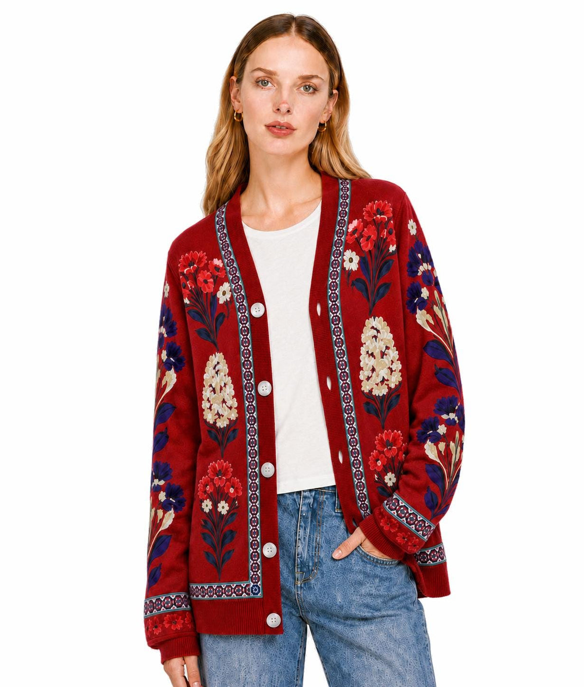 Red Floral Cardigan with Patterned Trim, V-Neck and Button Front