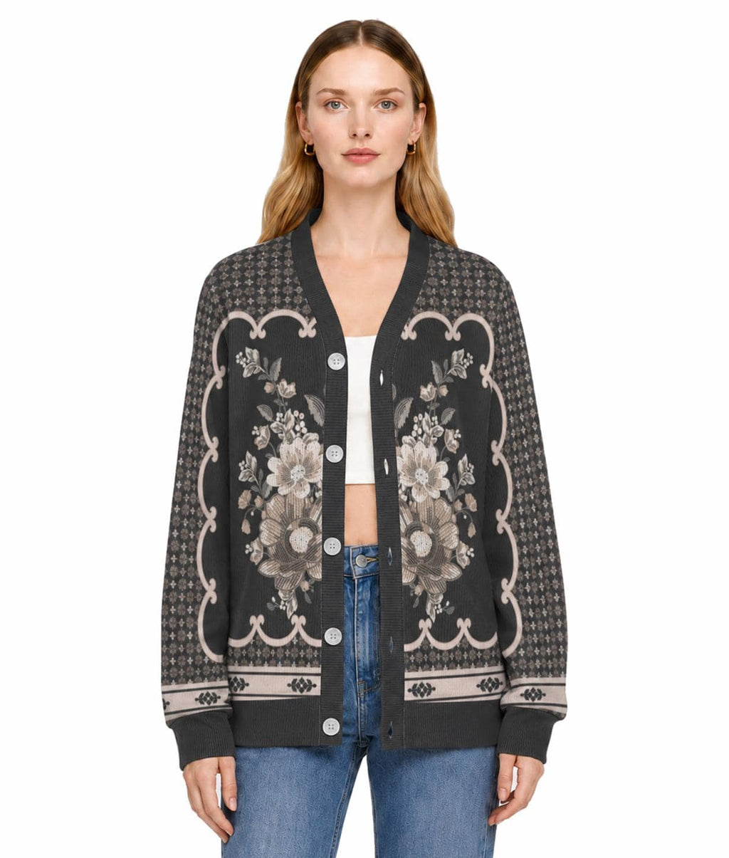 Black Floral Knit Cardigan, Button Front Sweater, Vertical Ribbed Texture Cardigan, Vintage Border Print Layering Top __etsy:8260298781