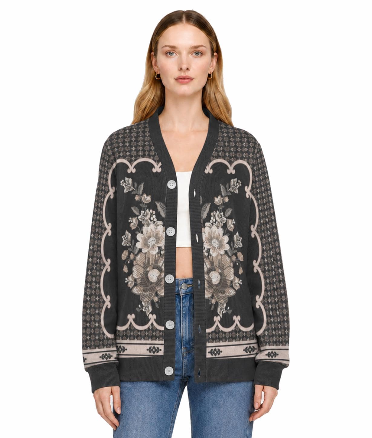 Black Floral Knit Cardigan, Button Front Sweater, Vertical Ribbed Texture Cardigan, Vintage Border Print Layering Top __etsy:8260298781