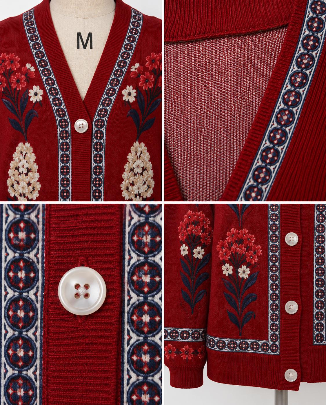 Red Floral Cardigan with Patterned Trim, V-Neck and Button Front