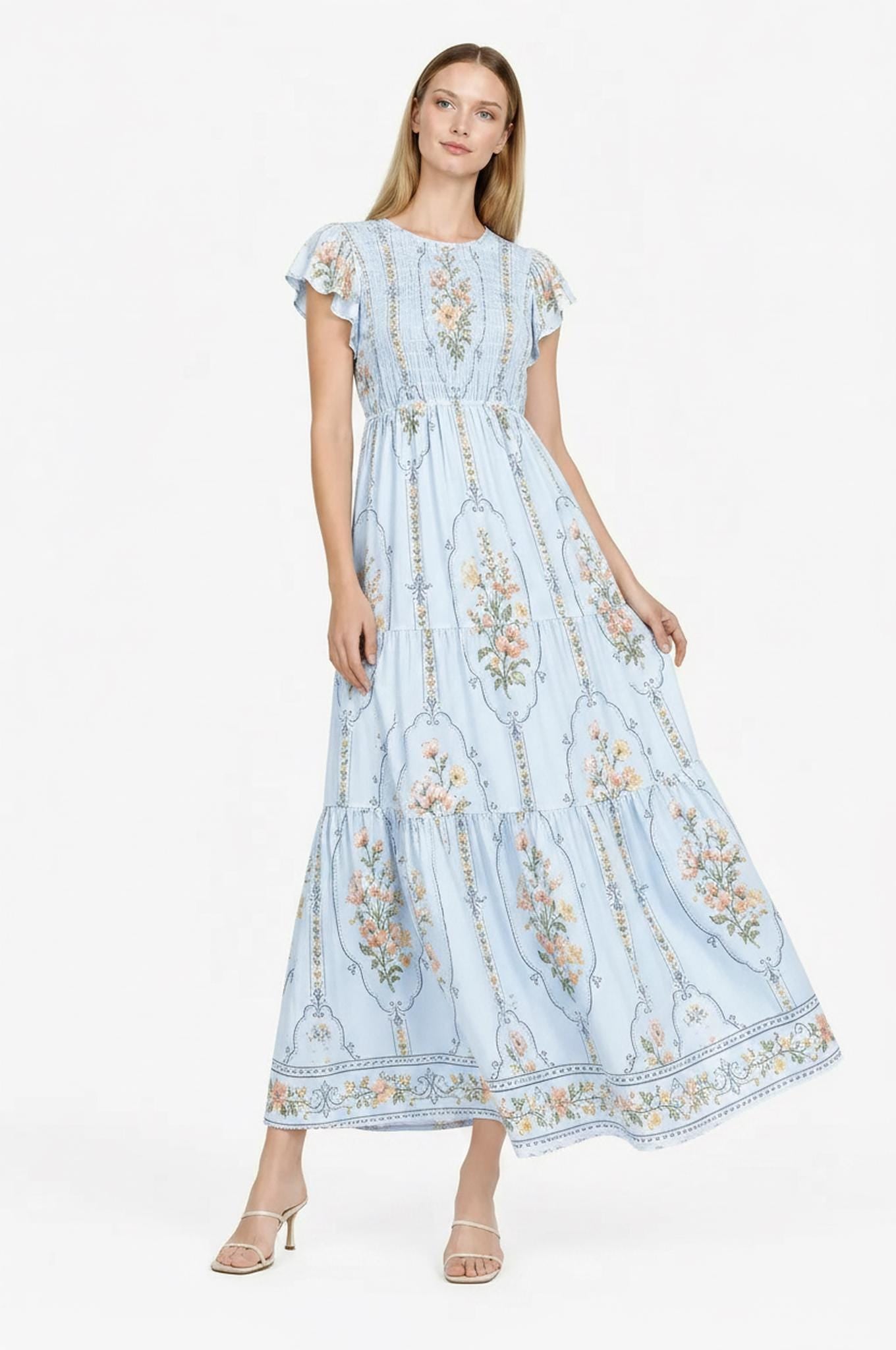 Light Blue Floral Tiered Maxi Dress, Smocked Bodice Flutter Sleeve Dress, Romantic Cottagecore Summer Dress