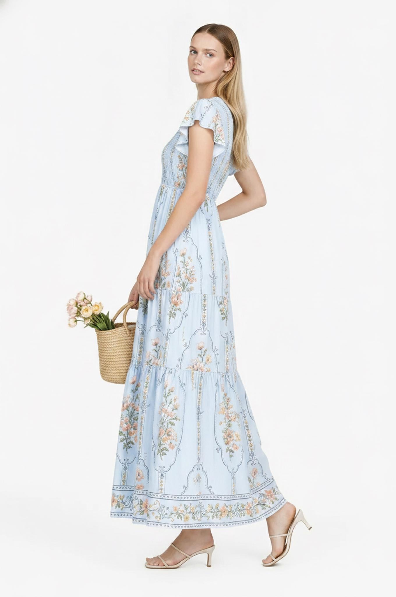 Light Blue Floral Tiered Maxi Dress, Smocked Bodice Flutter Sleeve Dress, Romantic Cottagecore Summer Dress