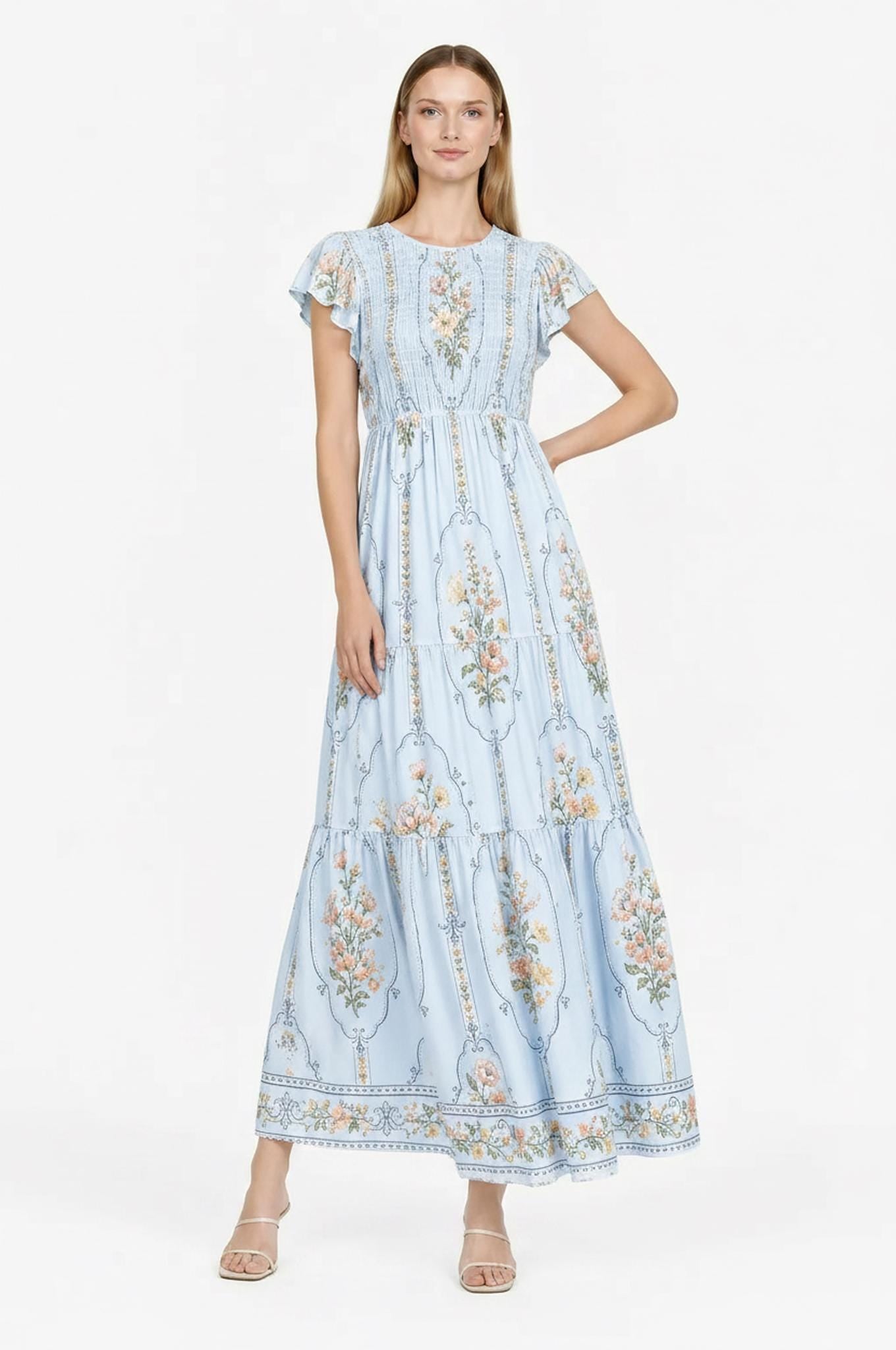 Light Blue Floral Tiered Maxi Dress, Smocked Bodice Flutter Sleeve Dress, Romantic Cottagecore Summer Dress