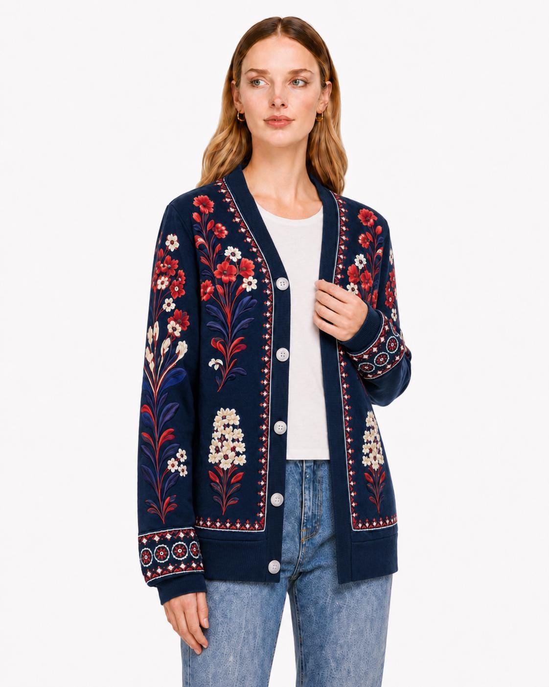 Navy Floral Cardigan with Red and Cream Flowers, V-Neck Button Front