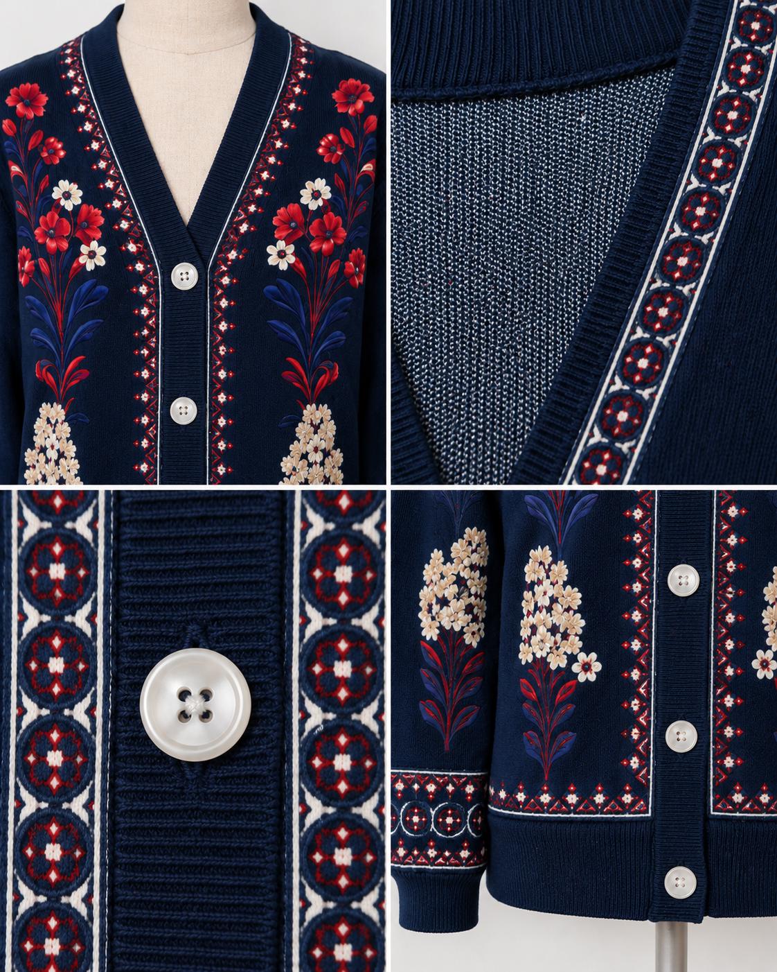 Navy Floral Cardigan with Red and Cream Flowers, V-Neck Button Front
