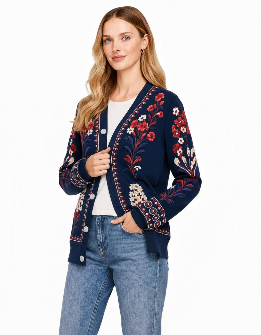 Navy Floral Cardigan with Red and Cream Flowers, V-Neck Button Front