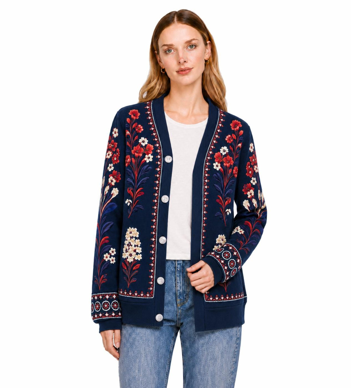 Navy Floral Cardigan with Red and Cream Flowers, V-Neck Button Front