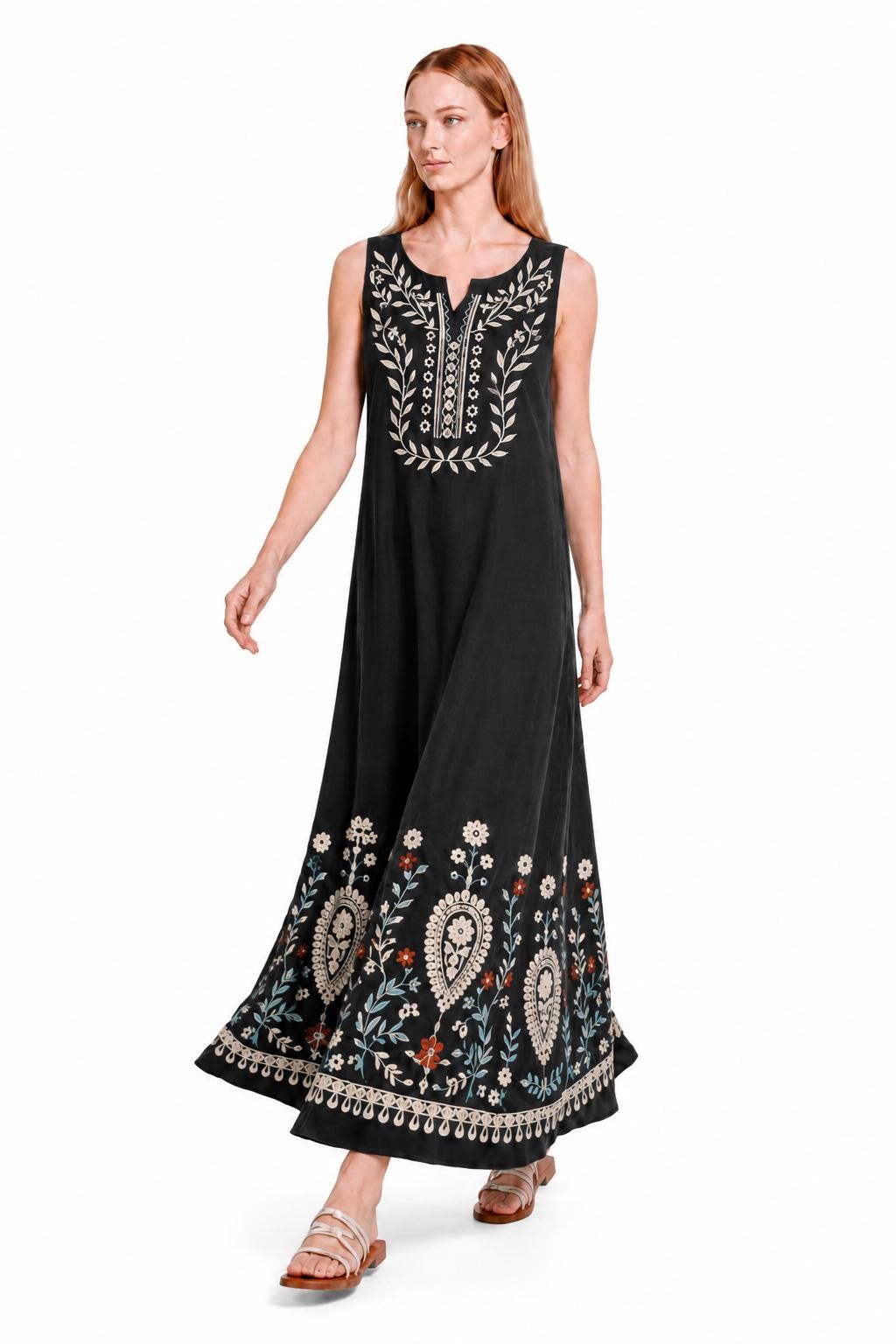 Black Floral Maxi Dress, Sleeveless A-Line Resort Vacation Summer Floral Print