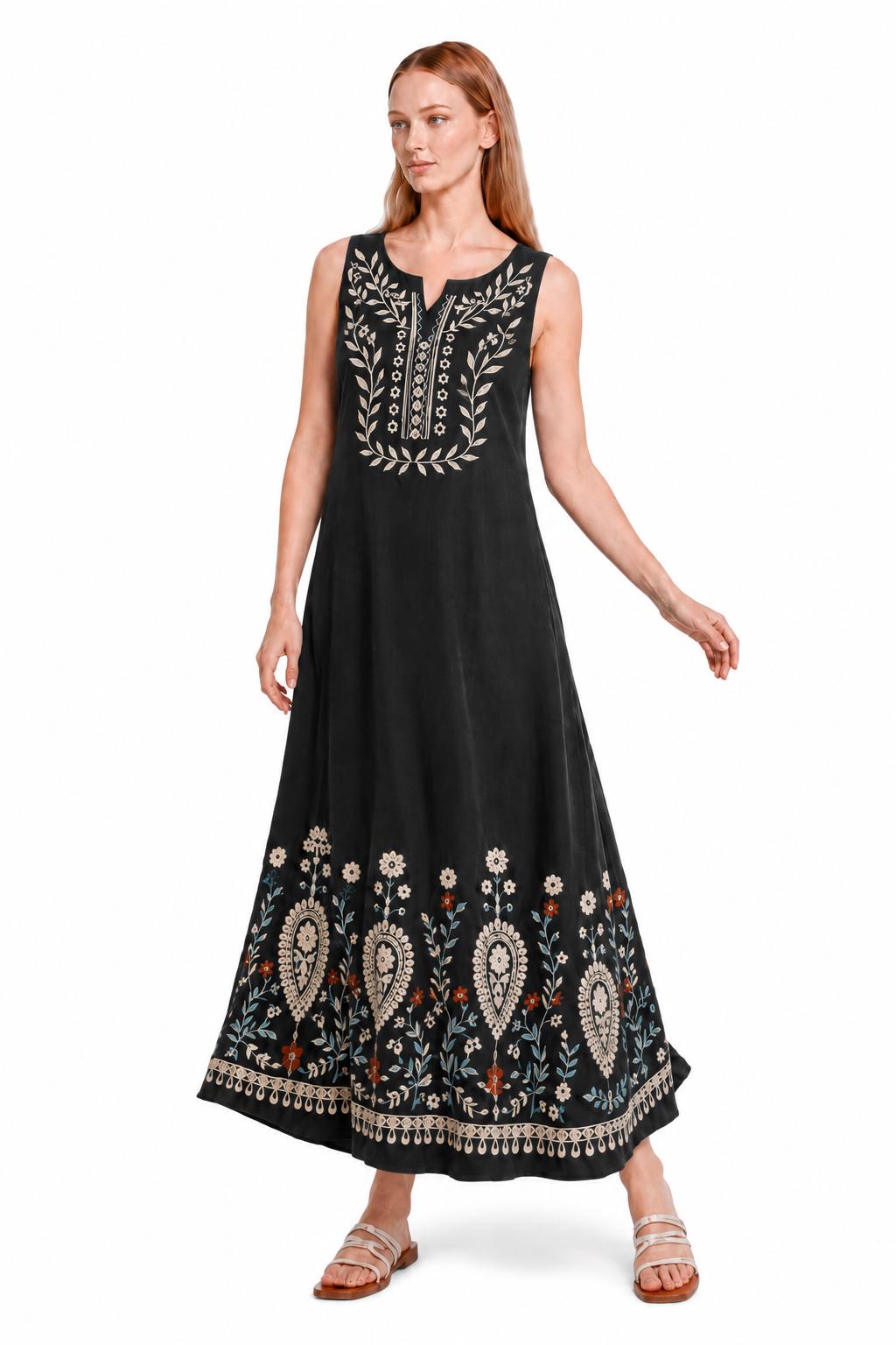 Black Floral Maxi Dress, Sleeveless A-Line Resort Vacation Summer Floral Print