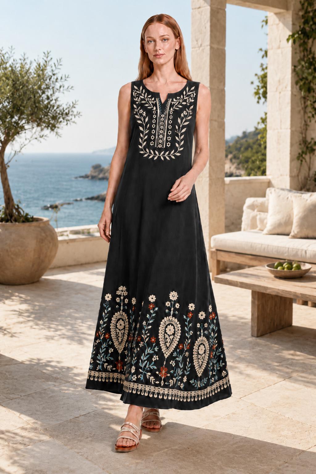 Black Floral Maxi Dress, Sleeveless A-Line Resort Vacation Summer Floral Print