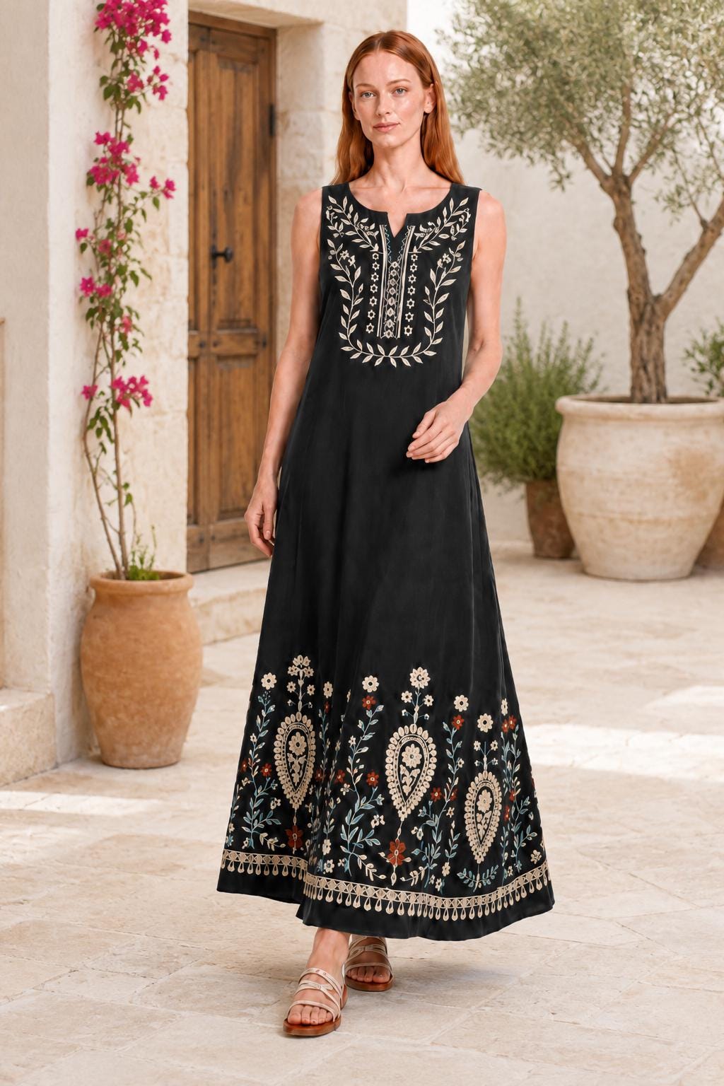 Black Floral Maxi Dress, Sleeveless A-Line Resort Vacation Summer Floral Print