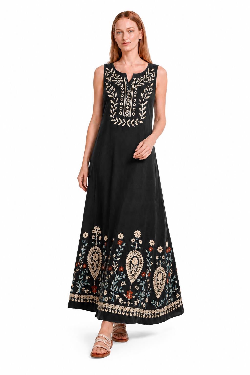 Black Floral Maxi Dress, Sleeveless A-Line Resort Vacation Summer Floral Print
