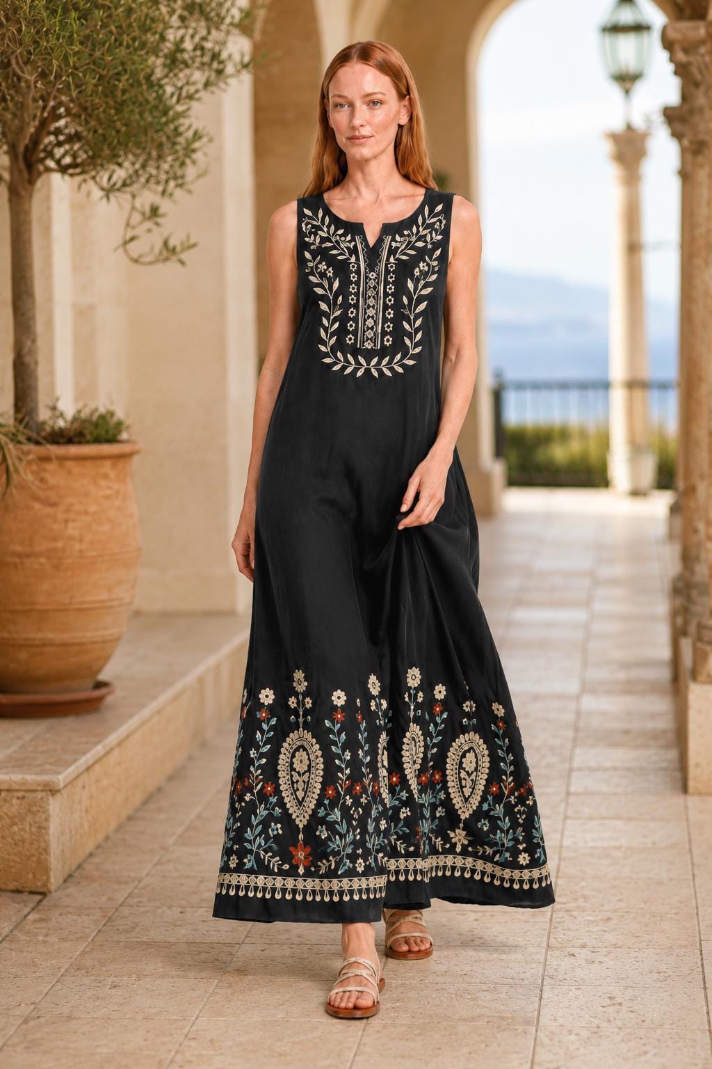 Black Floral Maxi Dress, Sleeveless A-Line Resort Vacation Summer Floral Print