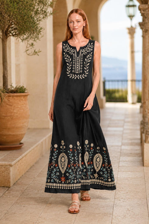 Black Floral Maxi Dress, Sleeveless A-Line Resort Vacation Summer Floral Print
