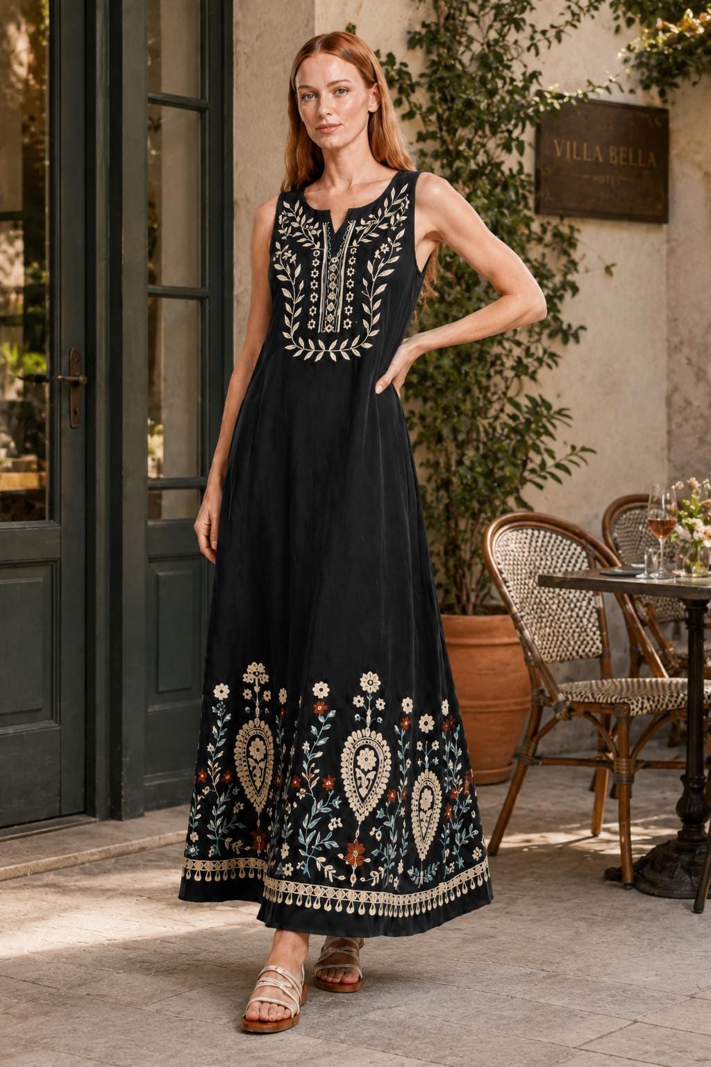 Black Floral Maxi Dress, Sleeveless A-Line Resort Vacation Summer Floral Print