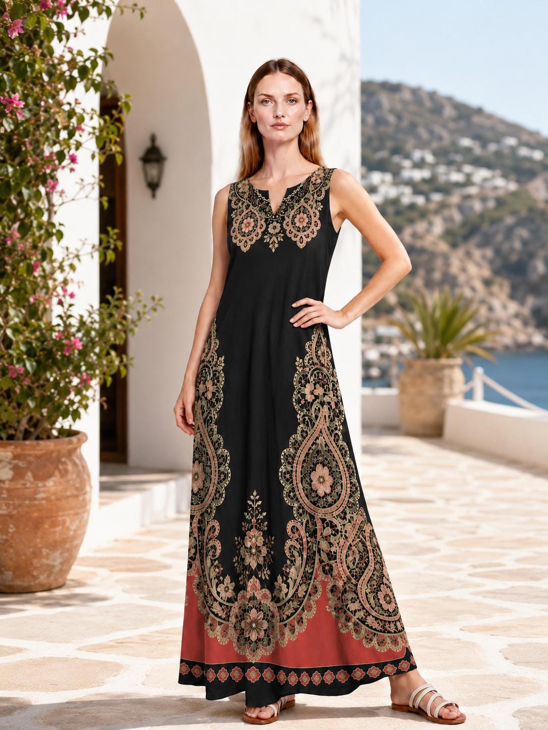 Black Rust Floral Border Print Maxi Dress, Sleeveless A-Line Resort Vacation Summer Dress