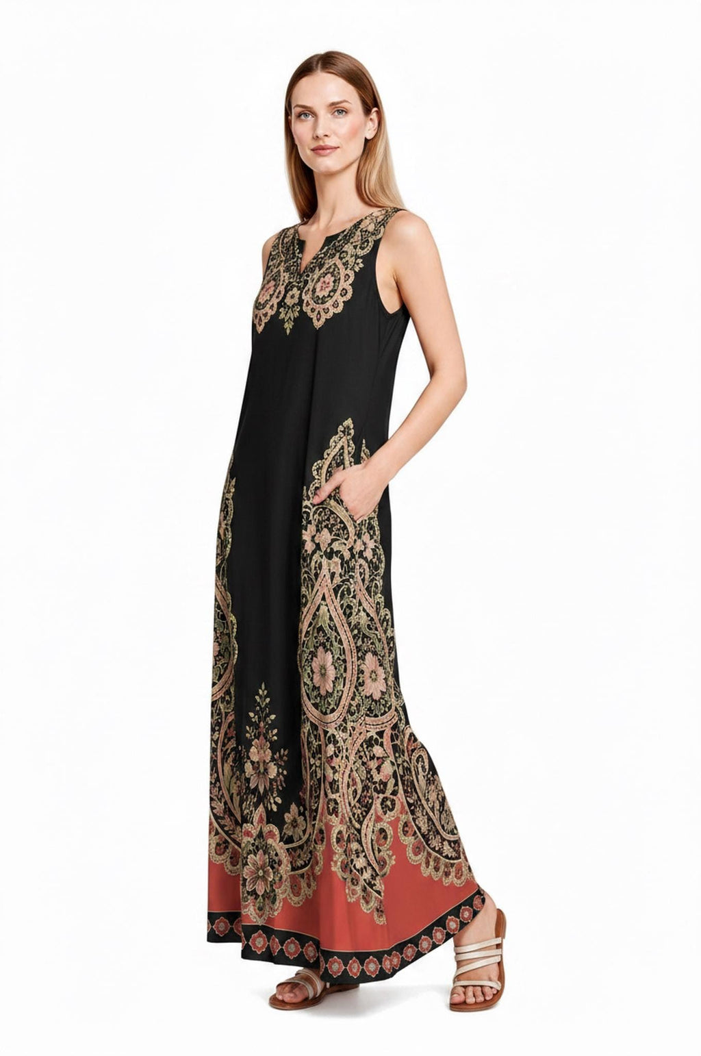 Black Rust Floral Border Print Maxi Dress, Sleeveless A-Line Resort Vacation Summer Dress