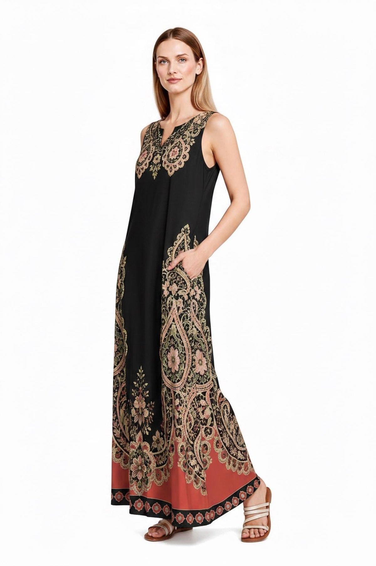 Black Rust Floral Border Print Maxi Dress, Sleeveless A-Line Resort Vacation Summer Dress
