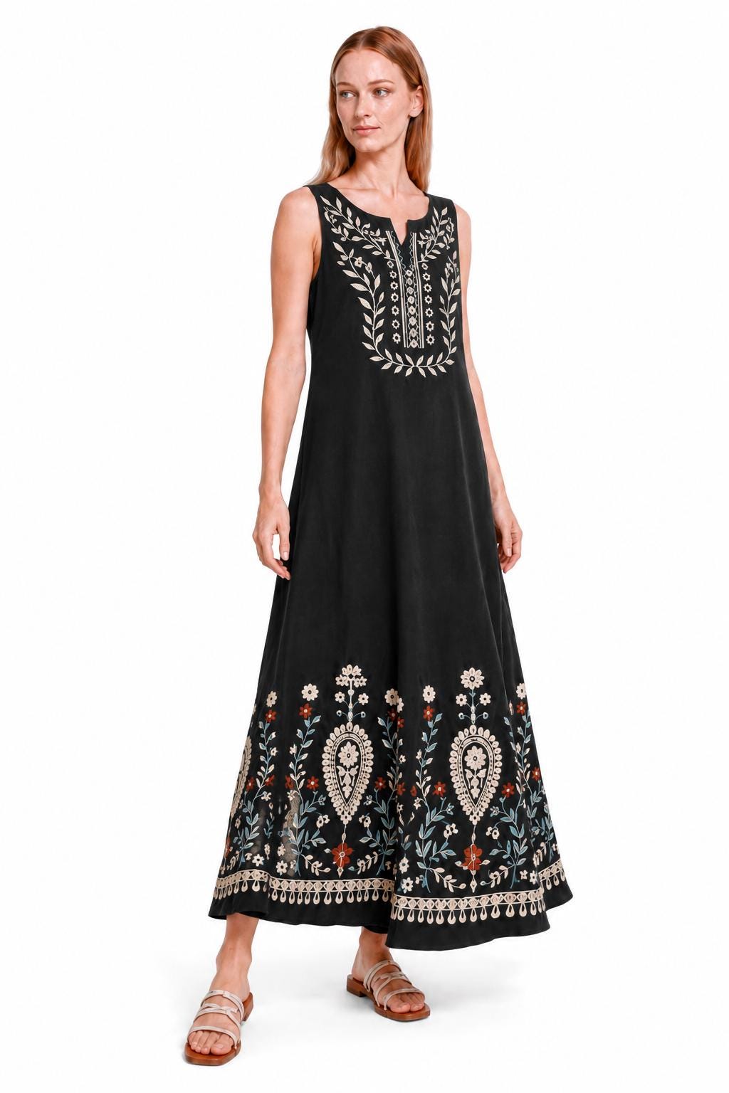 Black Floral Maxi Dress, Sleeveless A-Line Resort Vacation Summer Floral Print