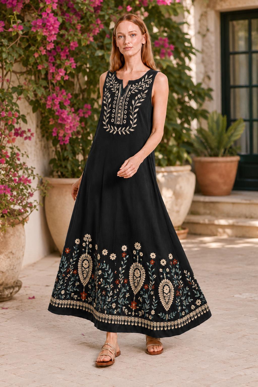 Black Floral Maxi Dress, Sleeveless A-Line Resort Vacation Summer Floral Print