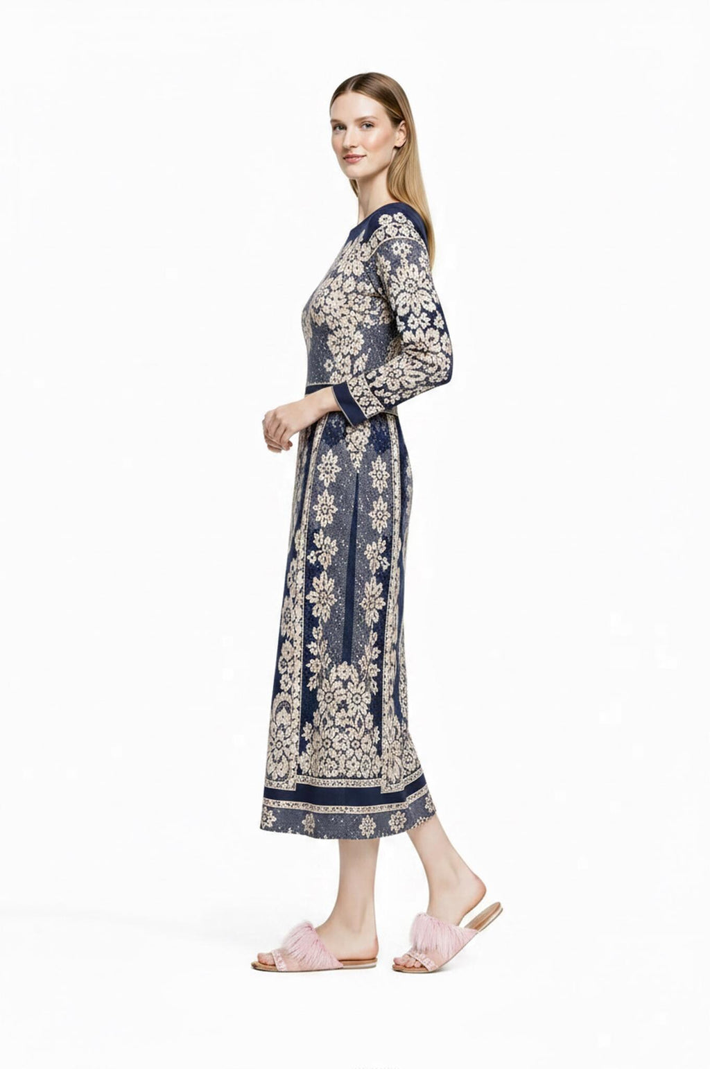 Navy Midi Dress, Lace Print A-Line, Long Sleeve Day Dress