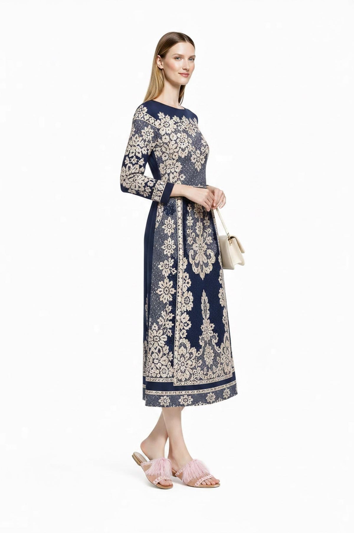 Navy Midi Dress, Lace Print A-Line, Long Sleeve Day Dress
