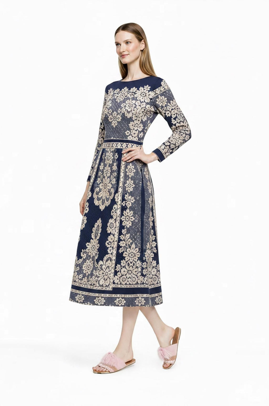 Navy Midi Dress, Lace Print A-Line, Long Sleeve Day Dress