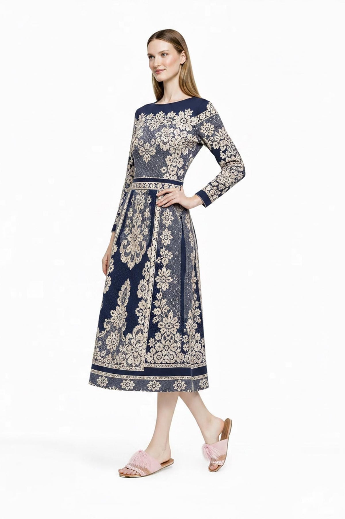 Navy Midi Dress, Lace Print A-Line, Long Sleeve Day Dress
