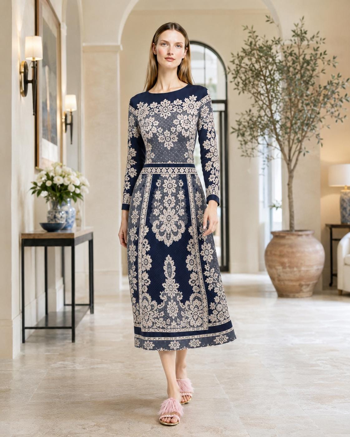 Navy Midi Dress, Lace Print A-Line, Long Sleeve Day Dress
