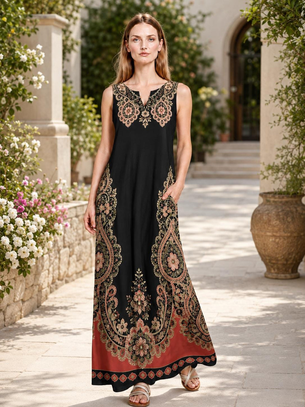 Black Rust Floral Border Print Maxi Dress, Sleeveless A-Line Resort Vacation Summer Dress