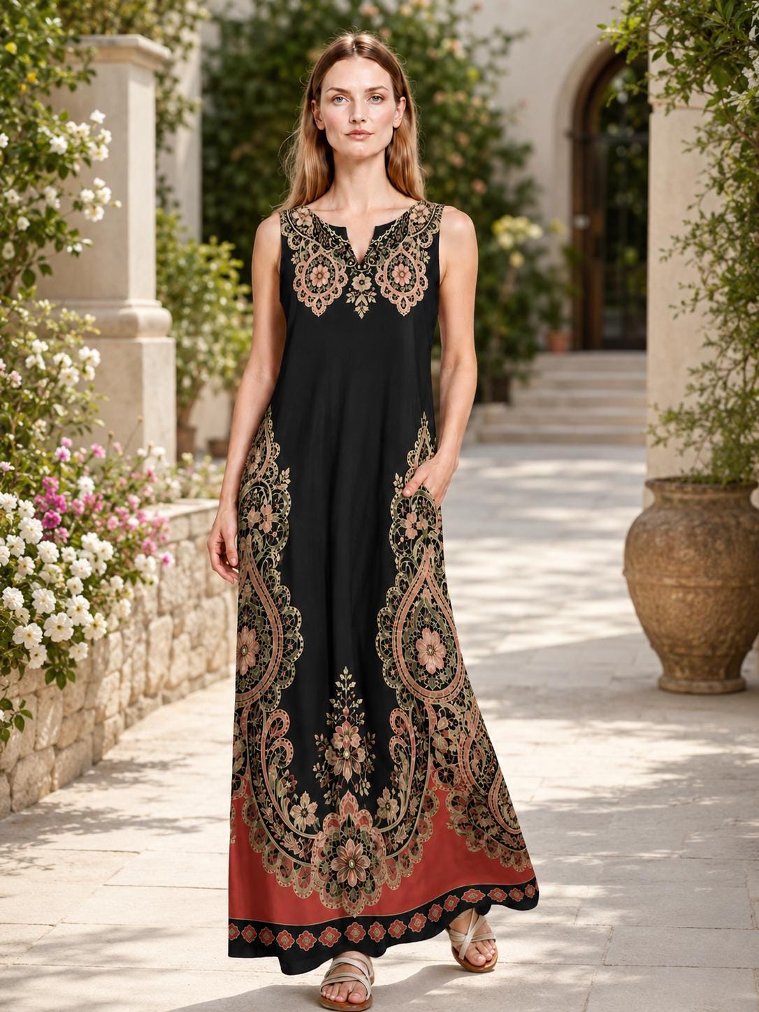 Black Rust Floral Border Print Maxi Dress, Sleeveless A-Line Resort Vacation Summer Dress