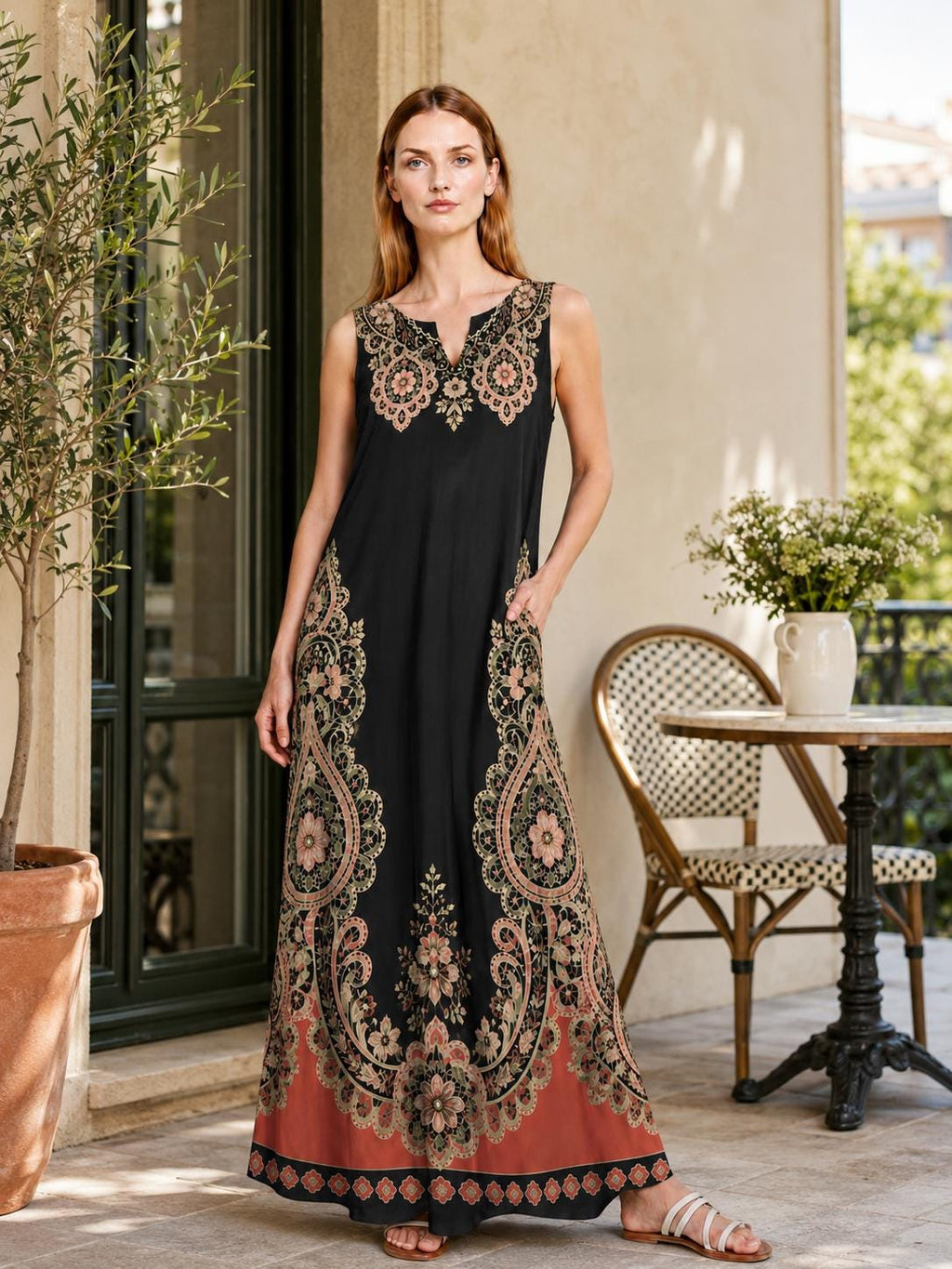 Black Rust Floral Border Print Maxi Dress, Sleeveless A-Line Resort Vacation Summer Dress