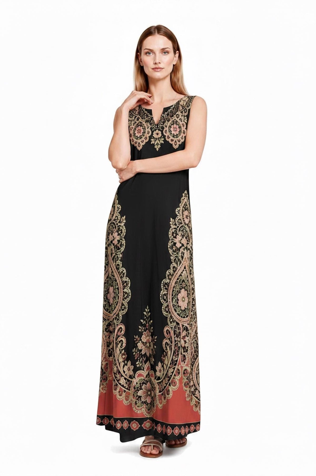 Black Rust Floral Border Print Maxi Dress, Sleeveless A-Line Resort Vacation Summer Dress