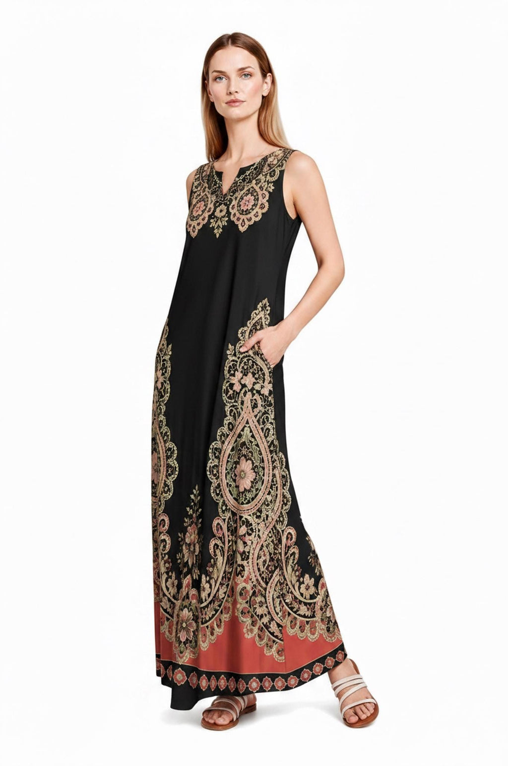 Black Rust Floral Border Print Maxi Dress, Sleeveless A-Line Resort Vacation Summer Dress