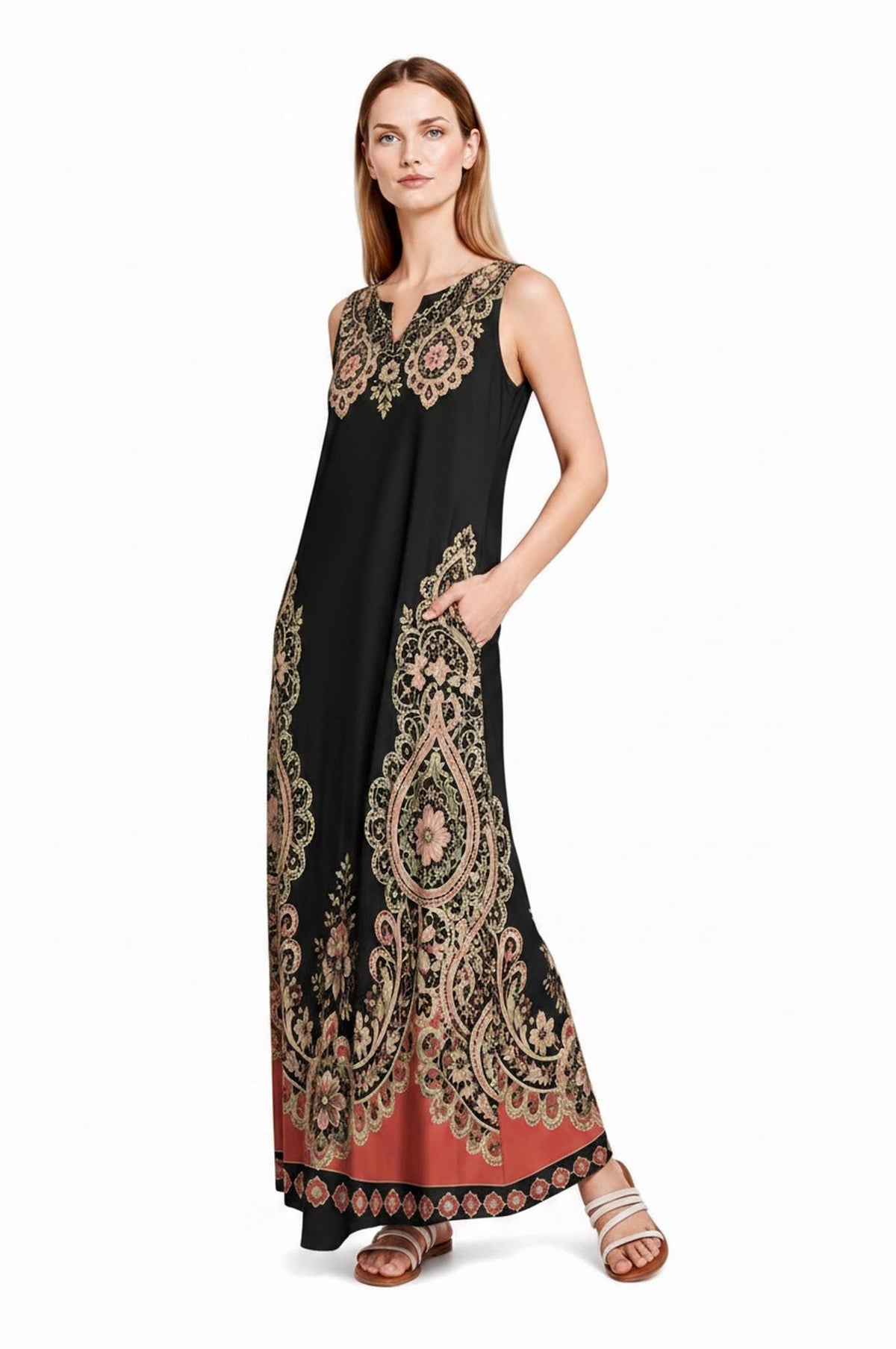 Black Rust Floral Border Print Maxi Dress, Sleeveless A-Line Resort Vacation Summer Dress