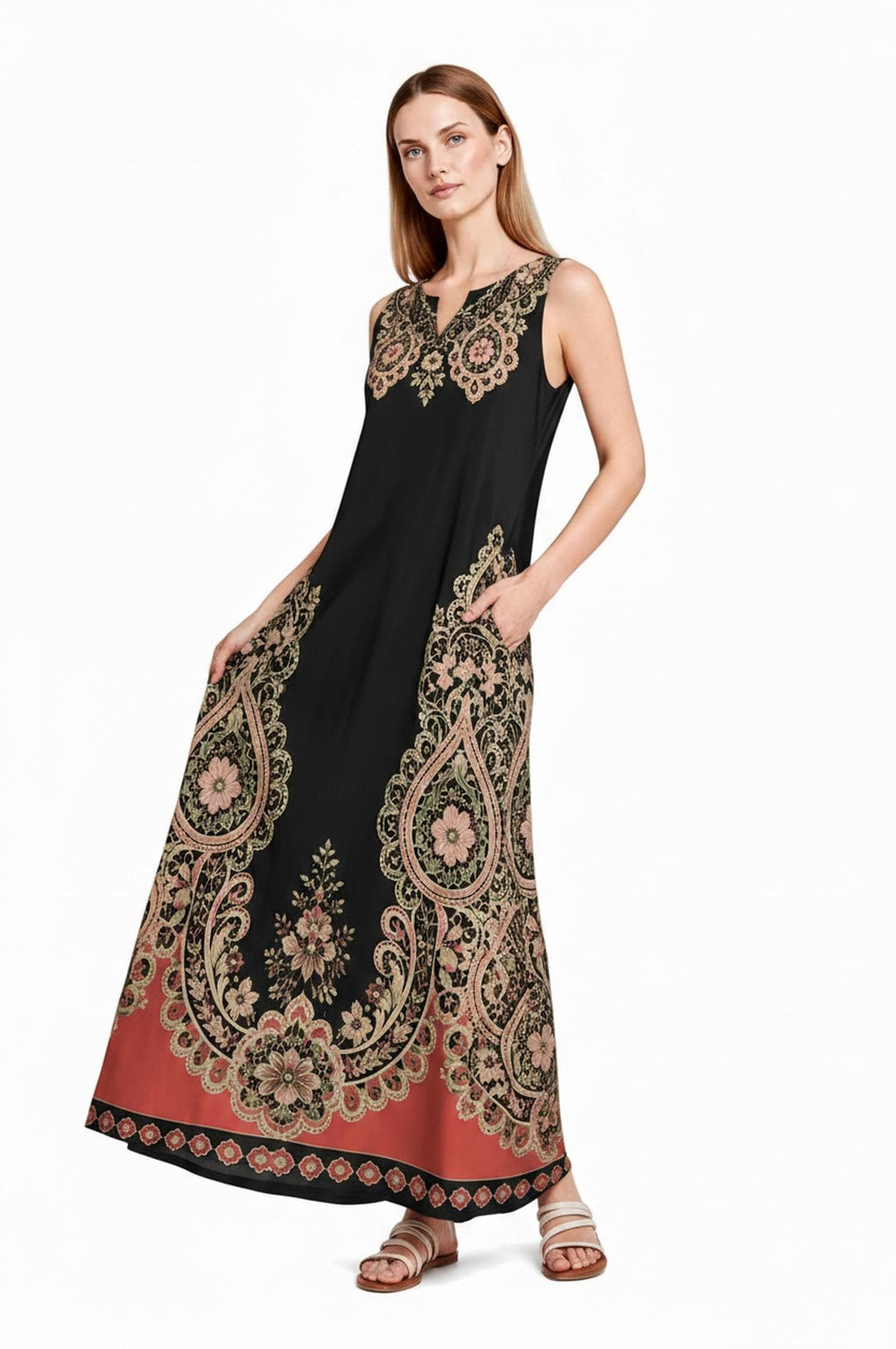 Black Rust Floral Border Print Maxi Dress, Sleeveless A-Line Resort Vacation Summer Dress
